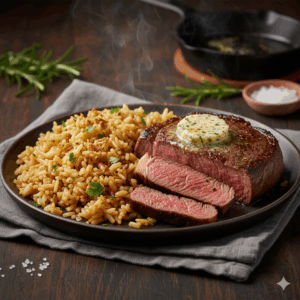 ステーキのガーリックバターライス添えの写真